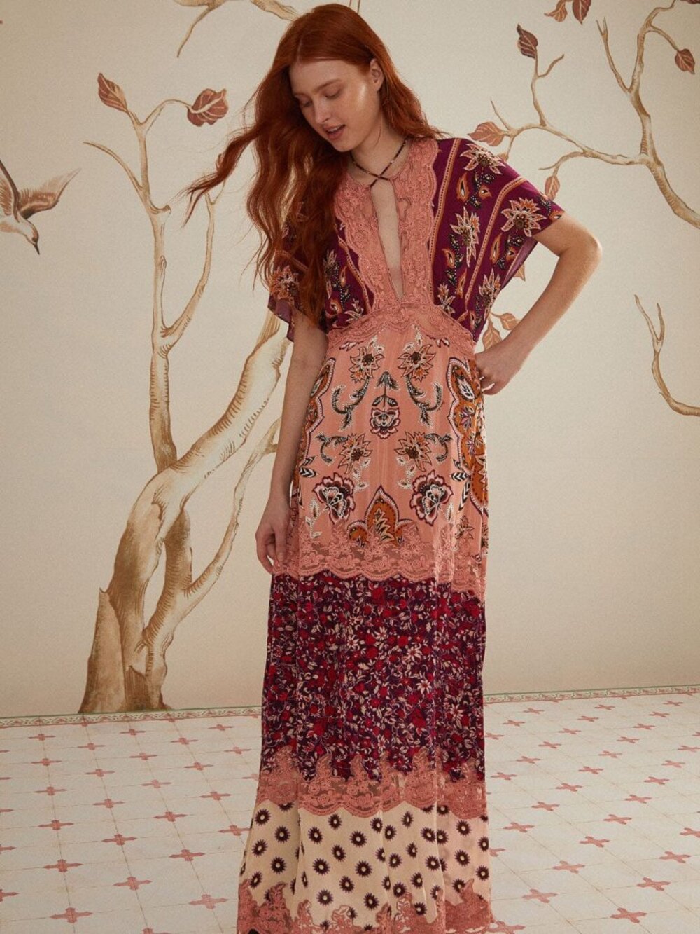 Farm Rio Glam Tapestry Laces Short-Sleeve Maxi Dress Pink - Picture 2 of 2